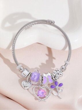 NEW Stainless Steel Silver Charm Bangle Bracelet | Purple Butterfly Heart Luxury